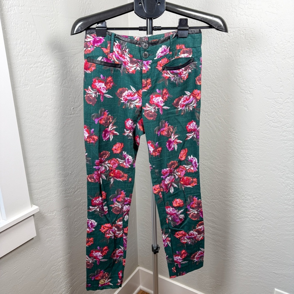 Anthropologie Cartonnier Dark Forest Green Floral Charlie Ankle Pants Size 0